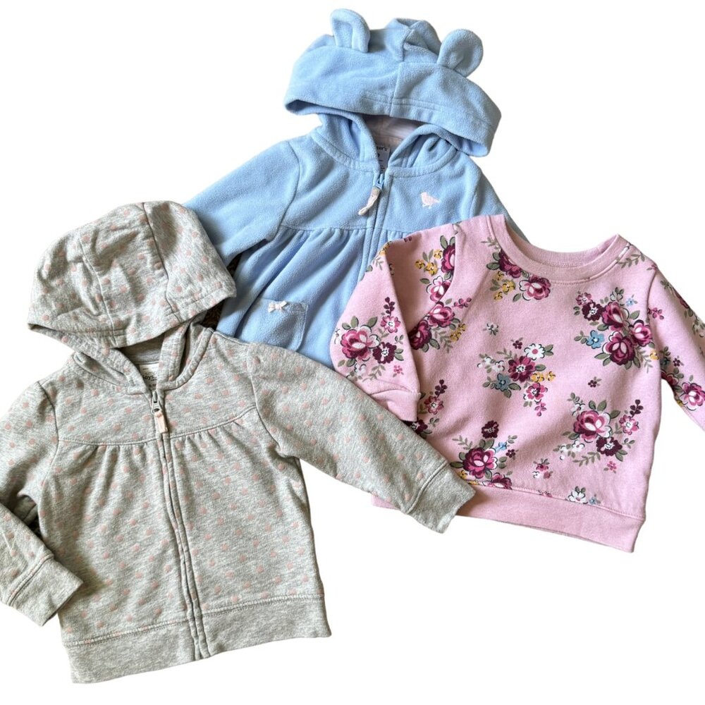 Baby Girl Hoodie Sweatshirt Bundle 3 Pack 6-9M Gray Dots Pink Floral Blue Fleece